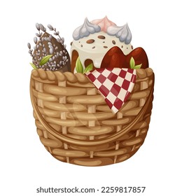 Wicker basket with Easter cake, red eggs, a bouquet of willow branches and a towel, vector illustration, isolated background, cartoon style