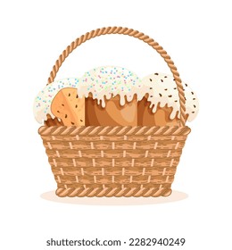 Cesta de mimbre con pasteles de Pascua. Ilustración colorida de Pascua, tarjeta de saludo, vector
