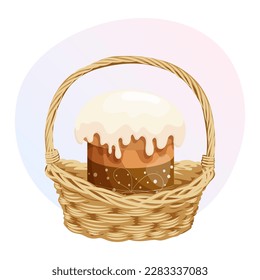 Wicker basket with Easter cakes. Colorful easter illustration, greeting card, vector