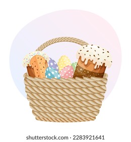 Wicker basket with Easter cakes and Easter eggs. Colorful easter illustration, greeting card, vector	