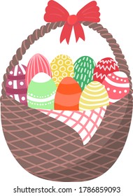 Wicker basket with easter chocolate eggs, religion spring holiday isolated on white, flat vector illustration. Springtime mood concept, cart decorate red ribbon with catholic foodstuff.