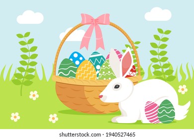 Wicker basket with Easter colorful eggs and white rabbit in the grass on a sunny spring day. Flat style design vector illustration