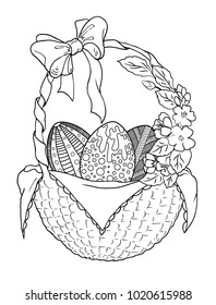 Wicker basket with Easter eggs, Apple blossom and bow. The sketch marker. Vector