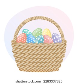 Wicker basket with Easter eggs. Colorful easter illustration, greeting card, vector	