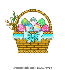 Wicker basket with Easter eggs, decorated with a blue bow. Bright, festive picture. Vector image on a white background. For making postcards, stickers and prints for the Easter holiday.