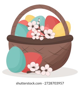 Wicker Basket with easter eggs and floral decor