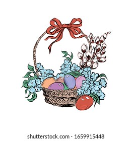 Wicker basket with easter eggs, flowers, lilies of the valley and willows. 