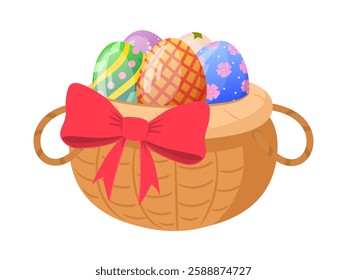 Wicker basket with Easter eggs. Basket full of painted colorful eggs, Easter surprise eggs basket flat vector illustration. Cartoon spring holiday chocolate eggs