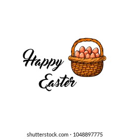 Wicker basket with Easter eggs. Happy Easter lettering. Greeting card design. Vector illustration.