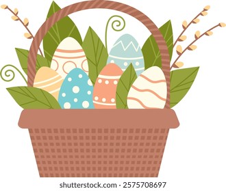 wicker basket with Easter eggs. Isolated flat vector illustration