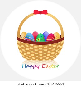 Wicker Basket with Easter Eggs isolated on White background. Vector Illustration.
