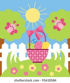 Wicker basket with Easter eggs is in the meadow with flowers. Vector image.