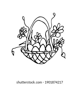 Wicker basket with Easter eggs, spring flowers. Doodle illustration can be used for seasonal Easter design, textiles, packaging, postcards