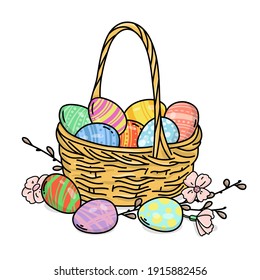 Wicker basket with Easter eggs. Basket, spring flowers, willow branches and colorful eggs. Colorful vector illustration on a white background. A greeting card. Doodle.