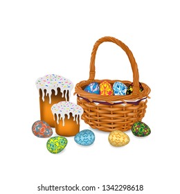 Wicker basket with Easter eggs, two Easter cakes and separate Easter eggs, isolated on a white background