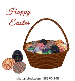 Wicker basket with Easter eggs. Wallpaper, flyers, invitation, posters, brochure, banners. Vector illustration. EPS10