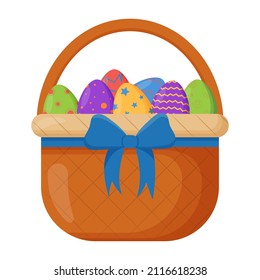 Cesta de mimbre. Cesta de mimbre con huevos de Pascua para Pascua. Accesorio de madera para almacenamiento o transporte