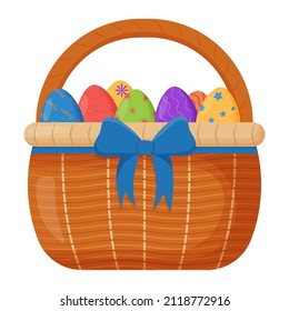 Wicker basket. Wicker basket with Easter eggs for Easter. Wooden accessory for storage or carrying