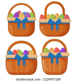 Wicker basket. Wicker basket with Easter eggs for Easter. Wooden accessory for storage or carrying
