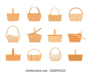 Wicker basket, easter straw hamper. Picnic pannier box with handles, empty container for food storage, natural shopper, wickerwork camping bags. Vector isolated objects with texture