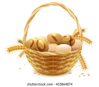Wicker basket with eggs and wheat ears. Symbol of year 2017. Isolated on white vector illustration