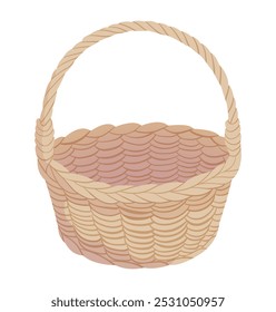 Cesta de mimbre. Cesta tejida vacía para la cosecha de otoño de verduras, hongos o frutas, alimentos y bebidas de picnic, hilos de tejer o regalos. Ilustración de dibujos animados de Vector aislado sobre fondo blanco. 