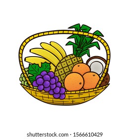 Wicker basket with exotic fruits on white background
