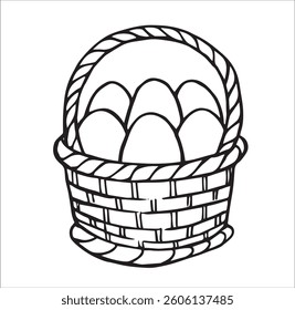 wicker basket with farm eggs, cute doodle illustration	