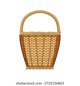Cesta de vime com uma textura tecida e alça resistente, apresentando um recipiente vazio para vários usos como coleta, armazenamento ou fins decorativos