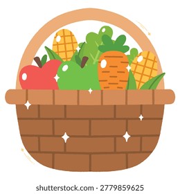 Wicker basket filled with assorted fresh fruits and vegetables. Hand drawn.