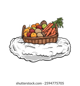 A wicker basket filled with an assortment of fresh fruits and vegetables