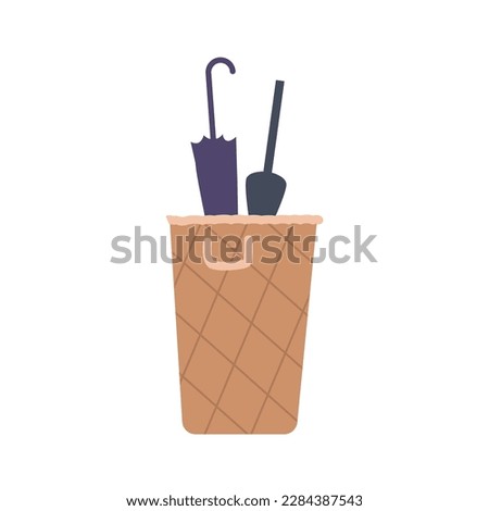 Wicker Basket Filled With Black Umbrella Isolated On White Background. Elements For Rainy Day Essentials, Fashion