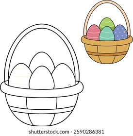 A wicker basket filled with colorful Easter eggs, decorated with vibrant patterns, nestled in soft grass or straw, symbolizing joy, renewal, and the festive spirit of Easter.