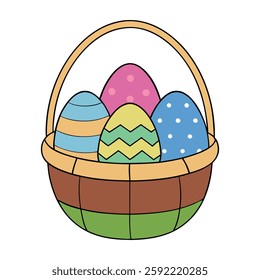 A wicker basket filled with colorful Easter eggs, decorated with vibrant patterns, nestled in soft grass or straw, symbolizing joy, renewal, and the festive spirit of Easter.