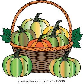 A wicker basket filled with colorful pumpkins with green leaves sits on a white surface with two additional pumpkins