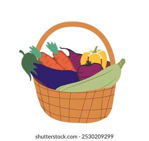 wicker basket filled with colorful vegetables like carrots, eggplant, bell pepper, and zucchini. Perfect for autumn-themed designs, seasonal recipes, or eco-friendly promotions