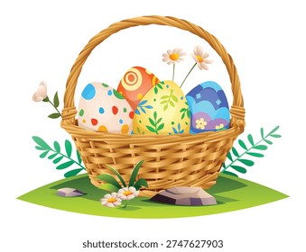 Wicker basket filled with decorated easter eggs on grass with small daisies and stones. Vector cartoon illustration