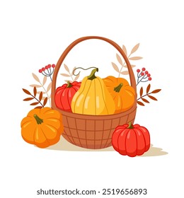 Wicker basket filled with pumpkins. Composition with autumn leaves. Pumpkin autumn leafy bouquet.  Vector illustration on white background.