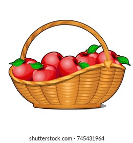 Wicker basket filled with ripe red apples isolated on white background. Food fitness menu. Vector cartoon close-up illustration.