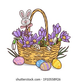 Wicker basket with the first spring flowers and Easter eggs. A basket, snowdrops, colorful eggs and a hare figurine. Colorful vector illustration on a white background. A greeting card. Doodle.