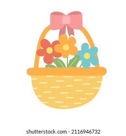 Wicker basket with flowers. Hand drawing, flat vector illustration on white