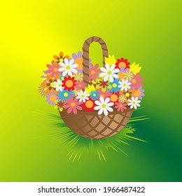 Wicker basket with flowers on a yellow-green background.