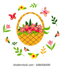 Wicker basket with flowers. Spring set: butterflies, flowers, plants. Lettering Hello Spring. Flat design. Isolated elements on a white background. Vector illustration. Gardening.