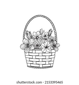 wicker basket with flowers, vector clipart, holiday illustration