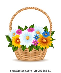 wicker basket with flowers vector illustration isolated on white background
