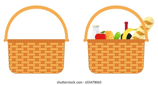 Wicker basket with food. Flat design, vector illustration, vector.