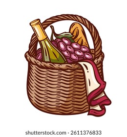 Wicker basket with food and wine bottle for romantic picnic line icon. Outline hand drawn basket with grapes bunch, baguette, drink, linen napkin. Camping mascot, pannier icon vector illustration