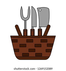 wicker basket fork and knives