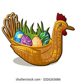 Wicker basket form of chicken bird with set of colorful eastern eggs inlaid with precious stones isolated on white background. Vector cartoon close-up illustration.