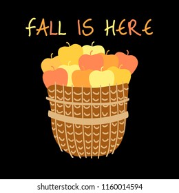 Wicker basket of fresh apples isolated on black background. Fall is here. Vector illustration. Flat style design. Banner of autumn season.
